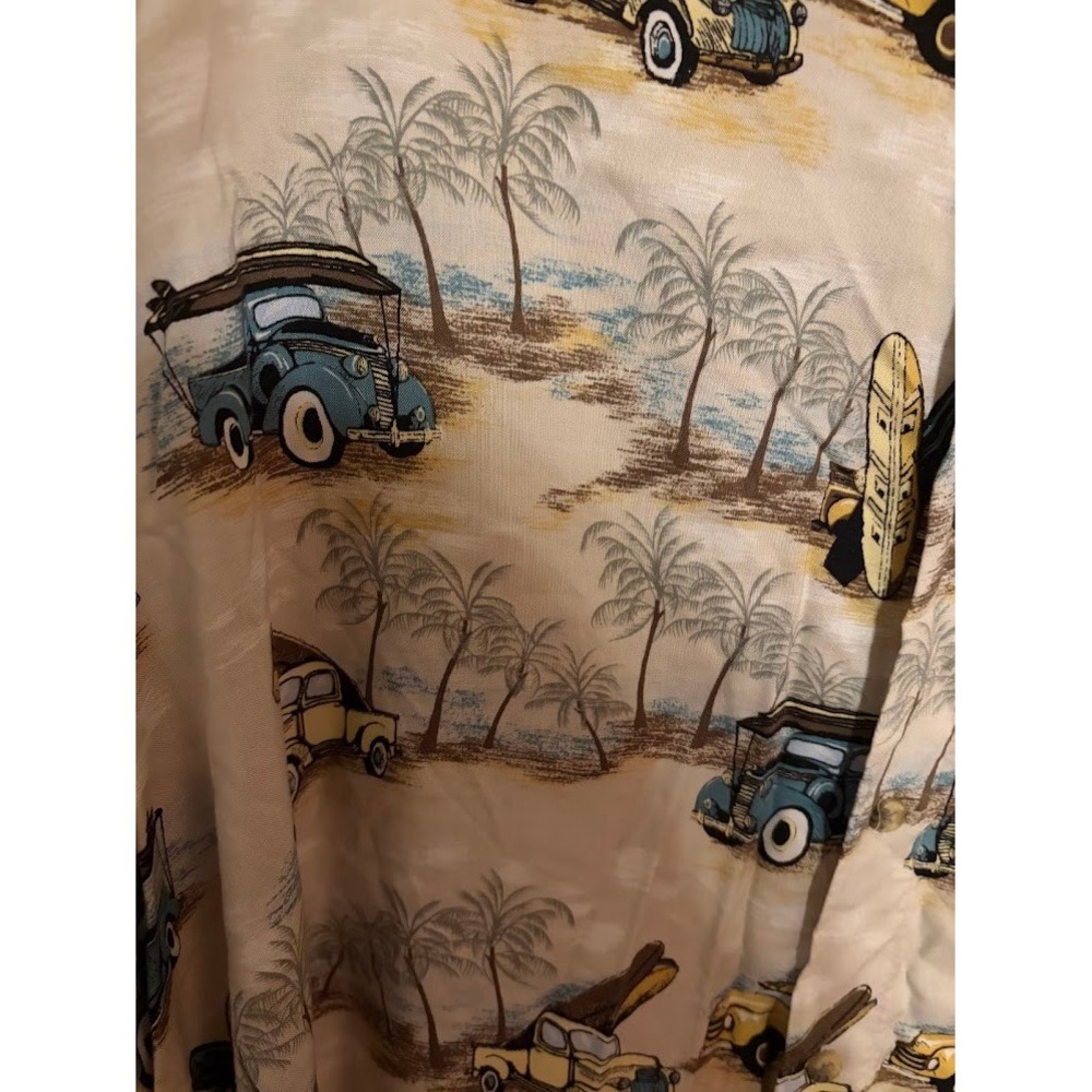 Ivy Crew Mens XL Tropical Beach Surf Car Print Viscose Rayon Button Up Shirt Tan - Picture 3 of 4